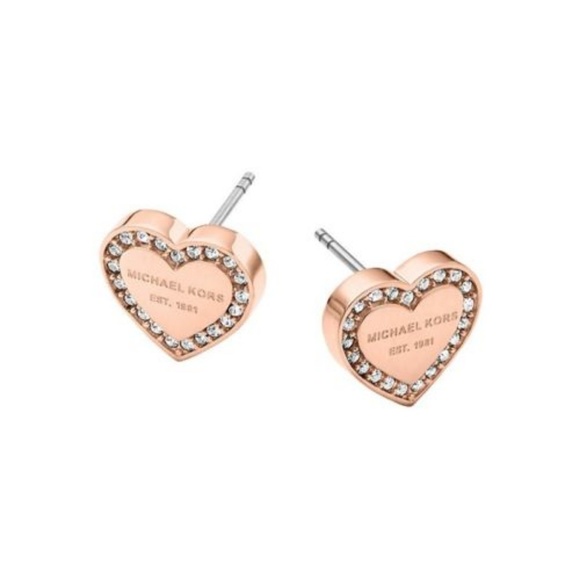 New Michael Kors Rose Gold Pave' Heart Earrings - Picture 1 of 8